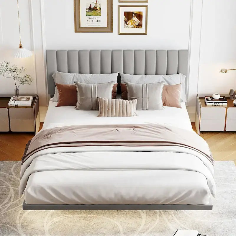 Queen Velvet Floating Bed with Sensor Light and Tufted Headboard