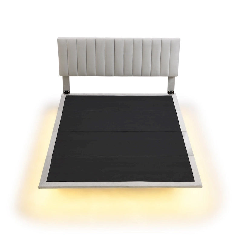 Queen Velvet Floating Bed with Sensor Light and Tufted Headboard