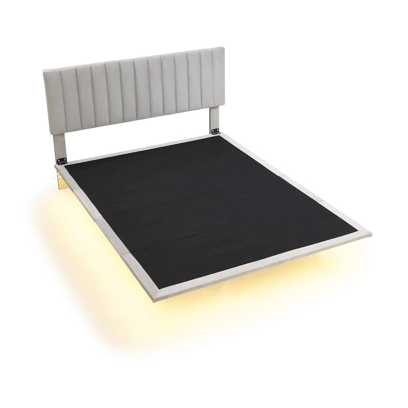 Queen Velvet Floating Bed with Sensor Light and Tufted Headboard