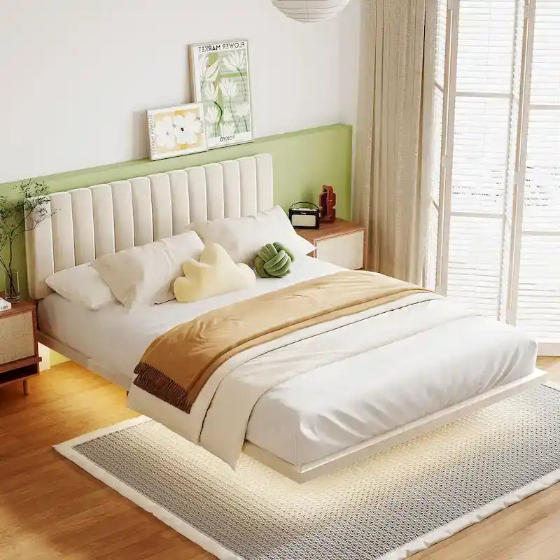 Queen Velvet Floating Bed with Sensor Light and Tufted Headboard