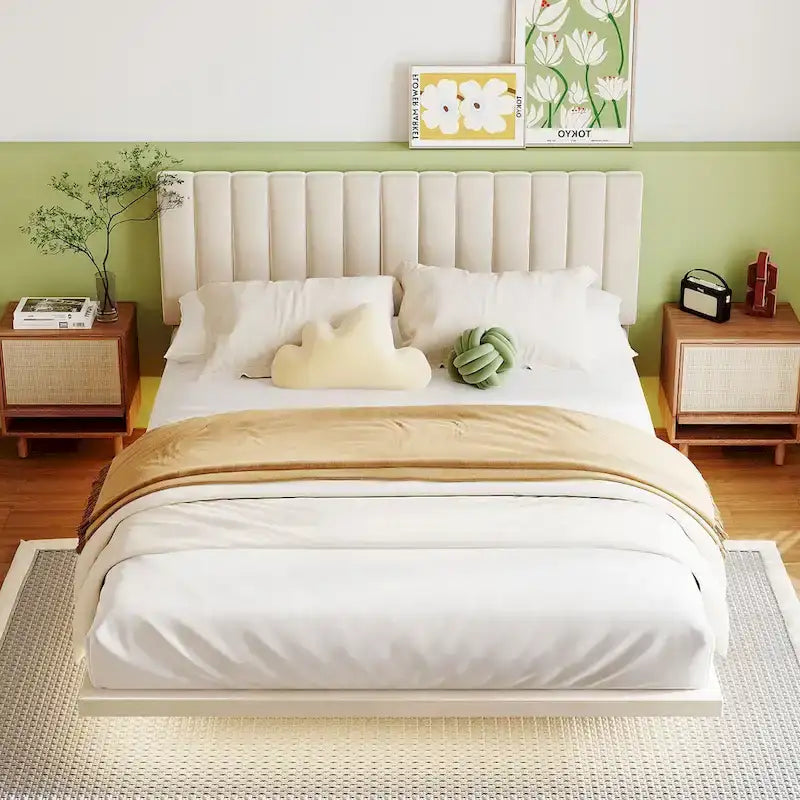 Queen Velvet Floating Bed with Sensor Light and Tufted Headboard
