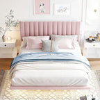 Queen Velvet Floating Bed with Sensor Light and Tufted Headboard
