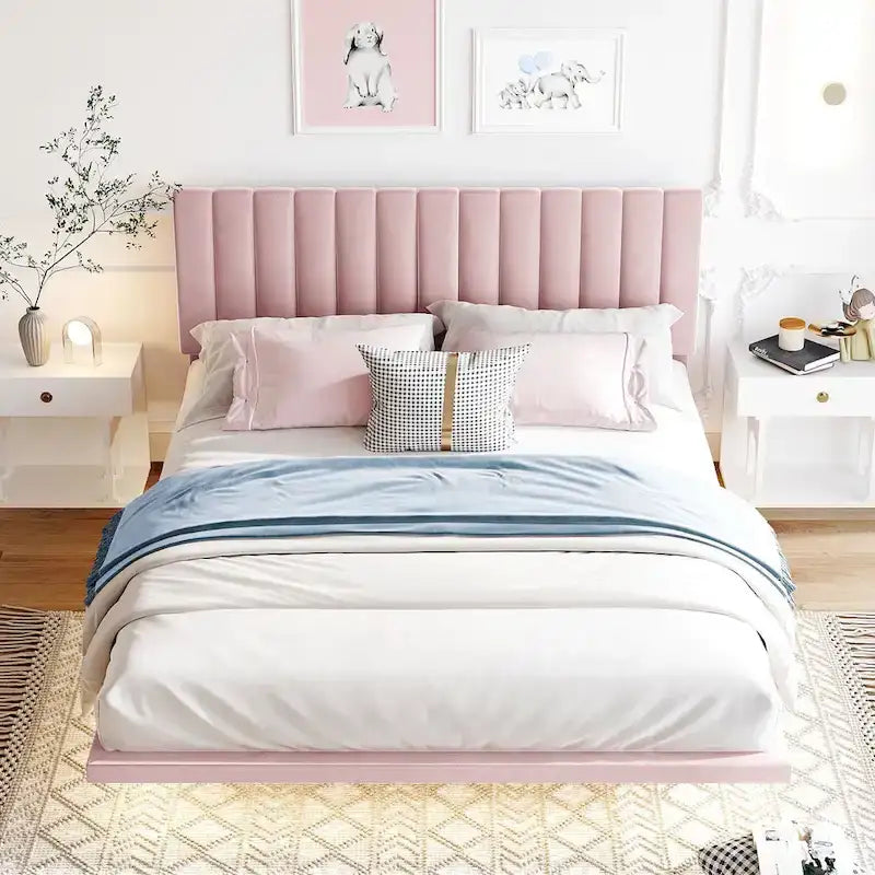 Queen Velvet Floating Bed with Sensor Light and Tufted Headboard