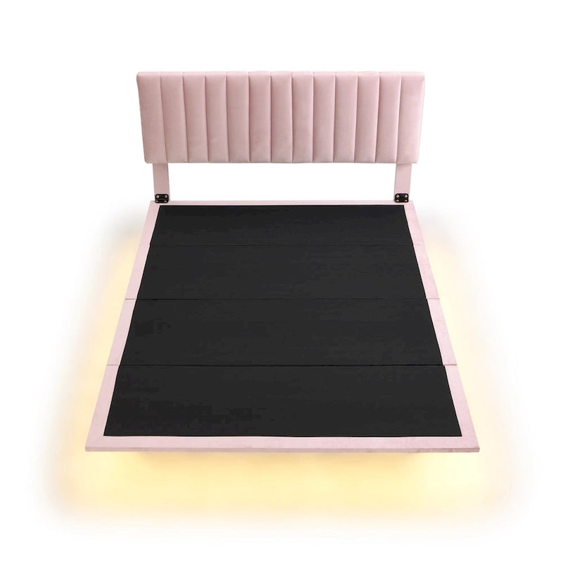Queen Velvet Floating Bed with Sensor Light and Tufted Headboard