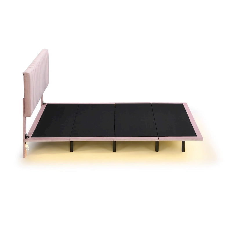 Queen Velvet Floating Bed with Sensor Light and Tufted Headboard