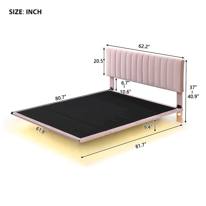 Queen Velvet Floating Bed with Sensor Light and Tufted Headboard
