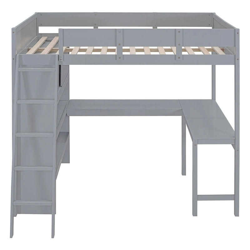 Full Size Solid Wood Loft Bed with Desk and Shelf for Kids