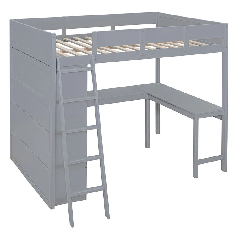 Full Size Solid Wood Loft Bed with Desk and Shelf for Kids