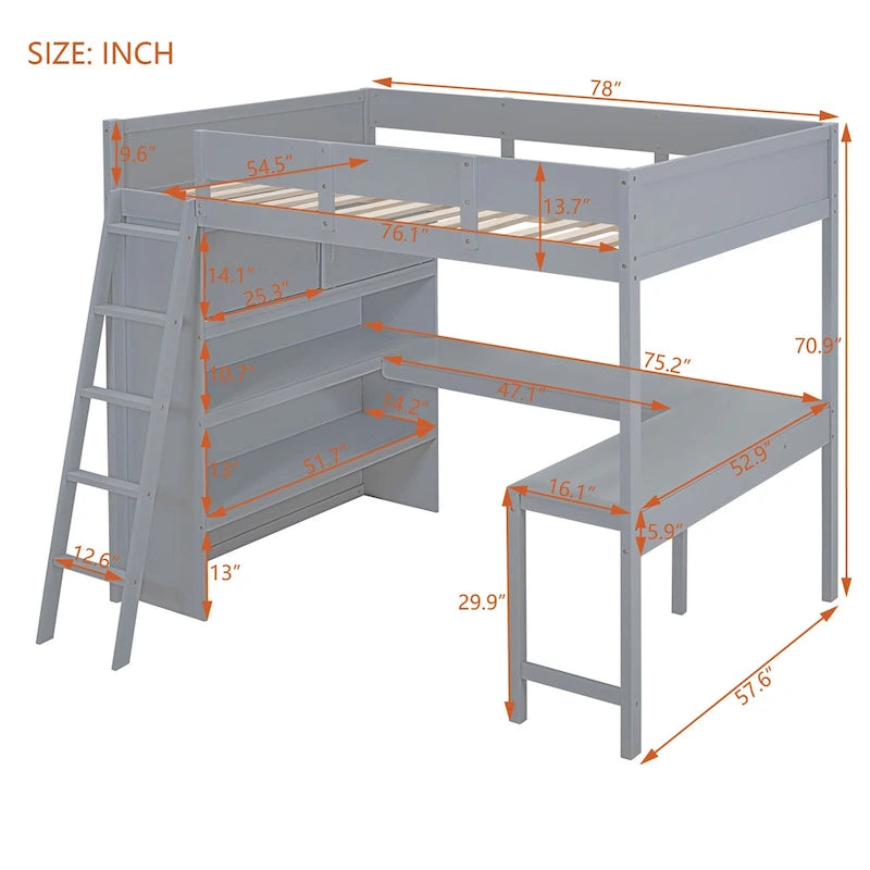 Full Size Solid Wood Loft Bed with Desk and Shelf for Kids