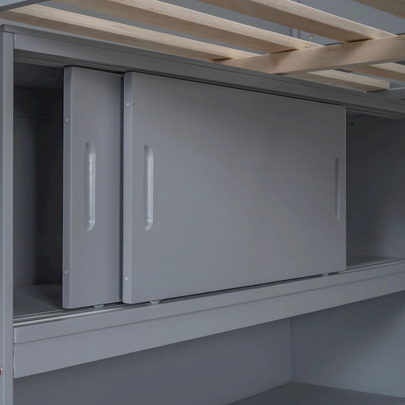 Full Size Solid Wood Loft Bed with Desk and Shelf for Kids