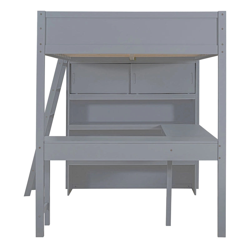 Full Size Solid Wood Loft Bed with Desk and Shelf for Kids