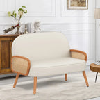 Loveseat Sofa Small Couch for Living Room, Faux Leather Mini Couch Love Seat with Natural Rattan Armrest and Solid Wooden Legs