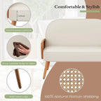 Loveseat Sofa Small Couch for Living Room, Faux Leather Mini Couch Love Seat with Natural Rattan Armrest and Solid Wooden Legs