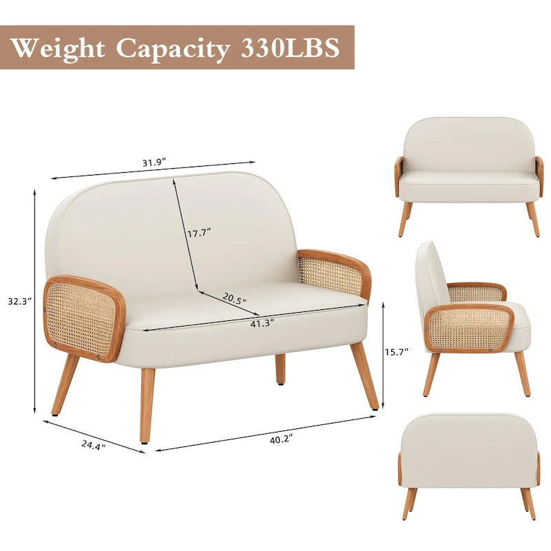 Loveseat Sofa Small Couch for Living Room, Faux Leather Mini Couch Love Seat with Natural Rattan Armrest and Solid Wooden Legs