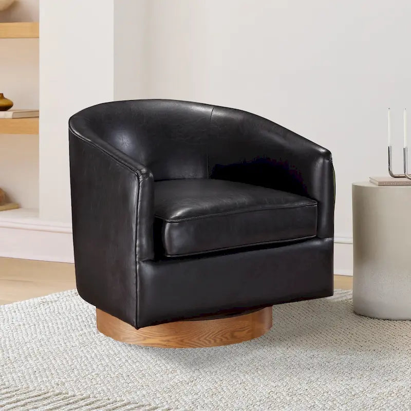 Faux Leather Wood Base Barrel Swivel Chair