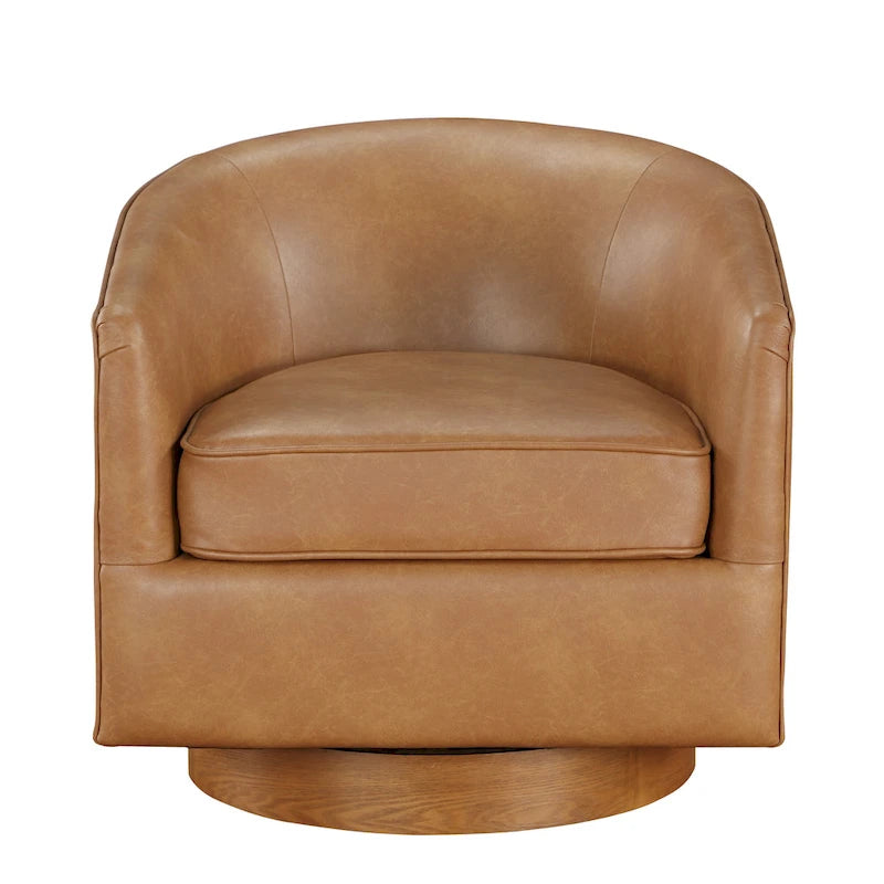 Faux Leather Wood Base Barrel Swivel Chair