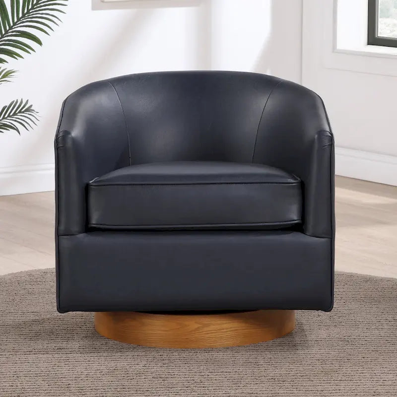 Faux Leather Wood Base Barrel Swivel Chair
