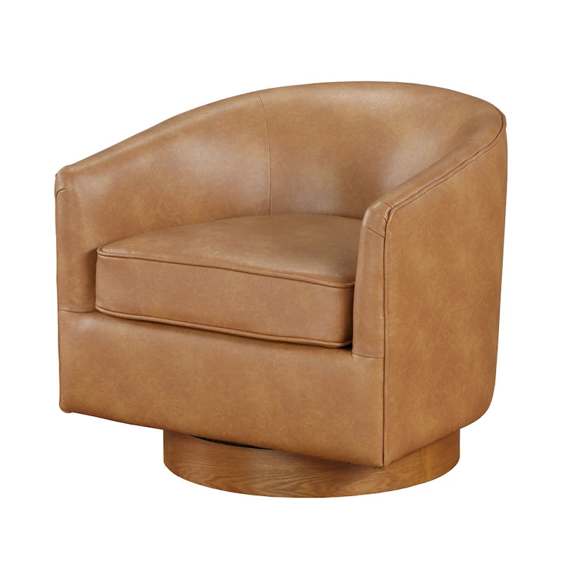 Faux Leather Wood Base Barrel Swivel Chair