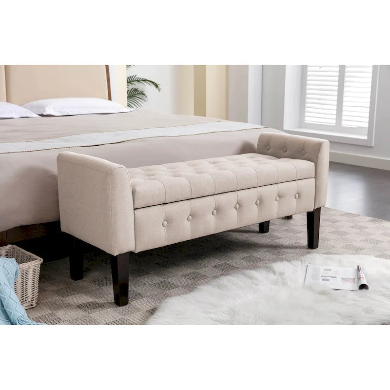 Fabric Flip Top Storage Ottoman with Rubberwood Legs