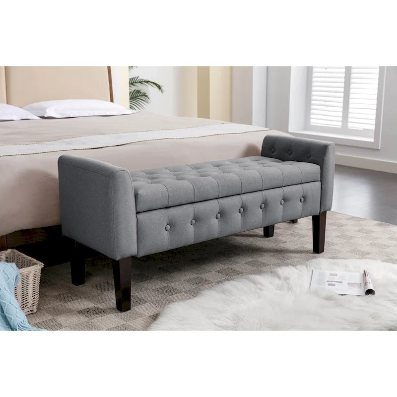 Fabric Flip Top Storage Ottoman with Rubberwood Legs