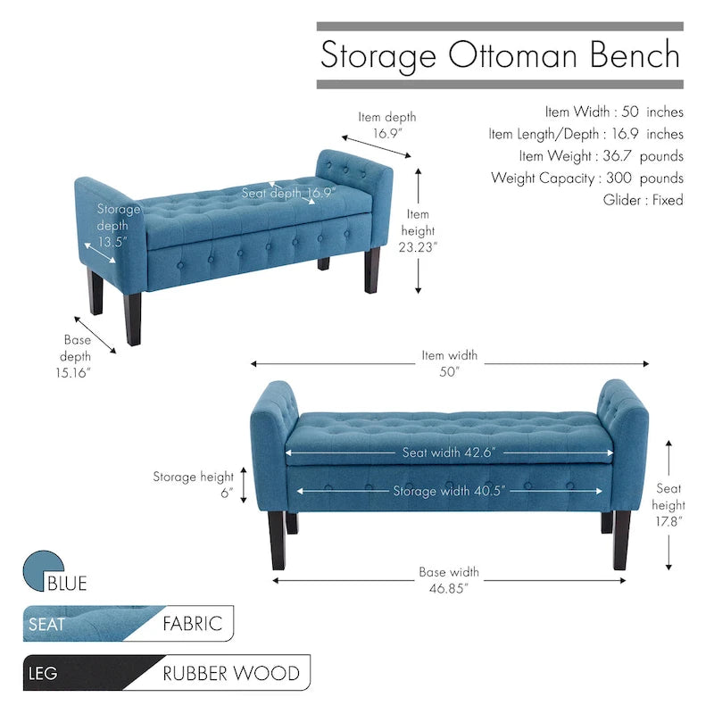 Fabric Flip Top Storage Ottoman with Rubberwood Legs