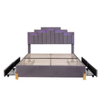 Queen Size Upholstered Platform Bed with LED Lights and 4 Drawers