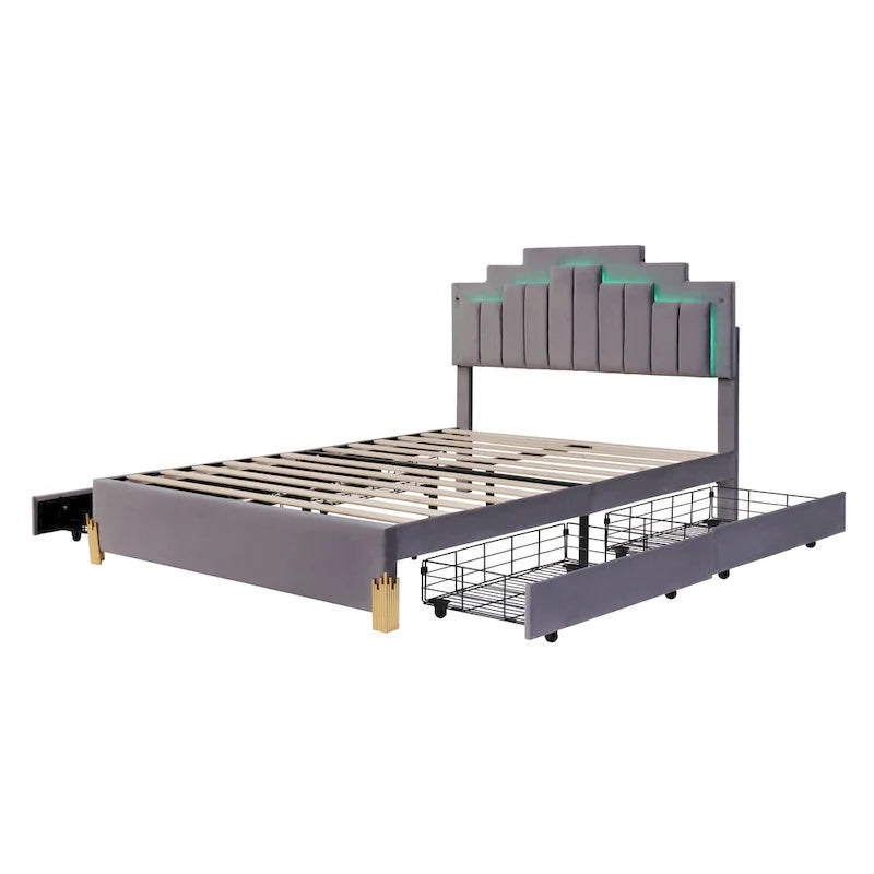 Queen Size Upholstered Platform Bed with LED Lights and 4 Drawers