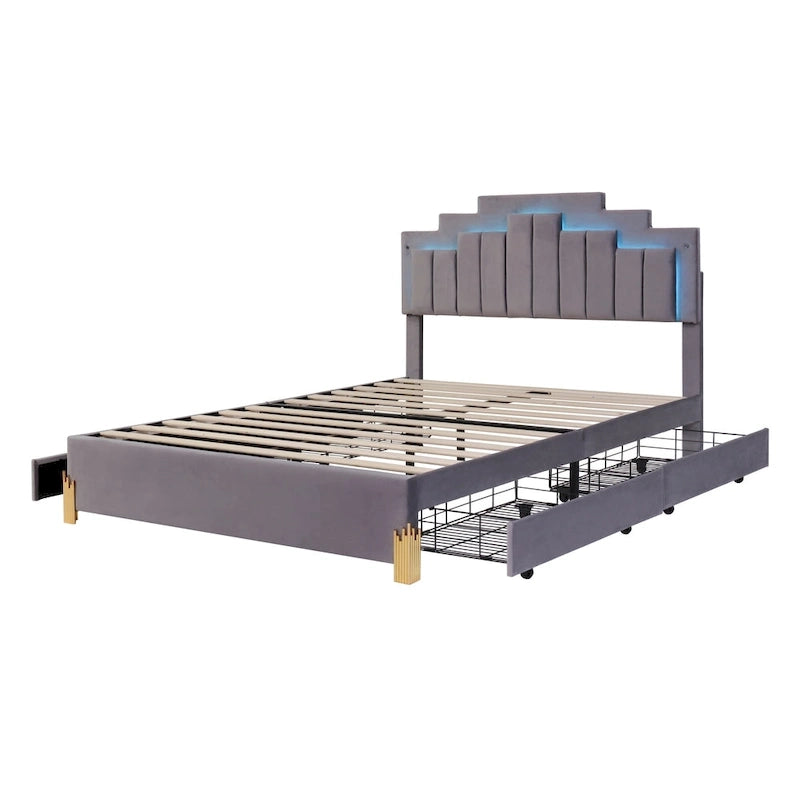 Queen Size Upholstered Platform Bed with LED Lights and 4 Drawers