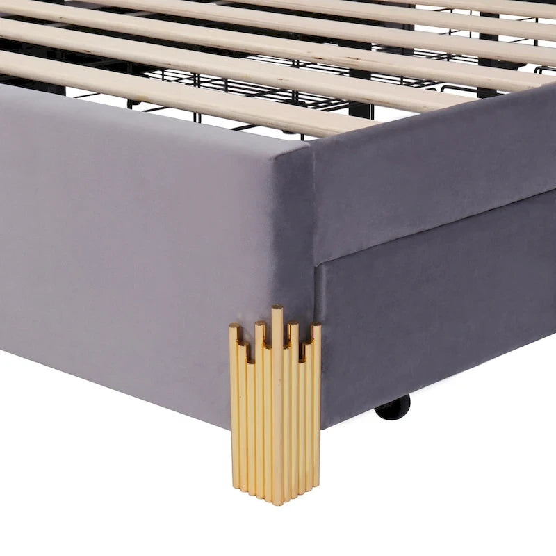 Queen Size Upholstered Platform Bed with LED Lights and 4 Drawers