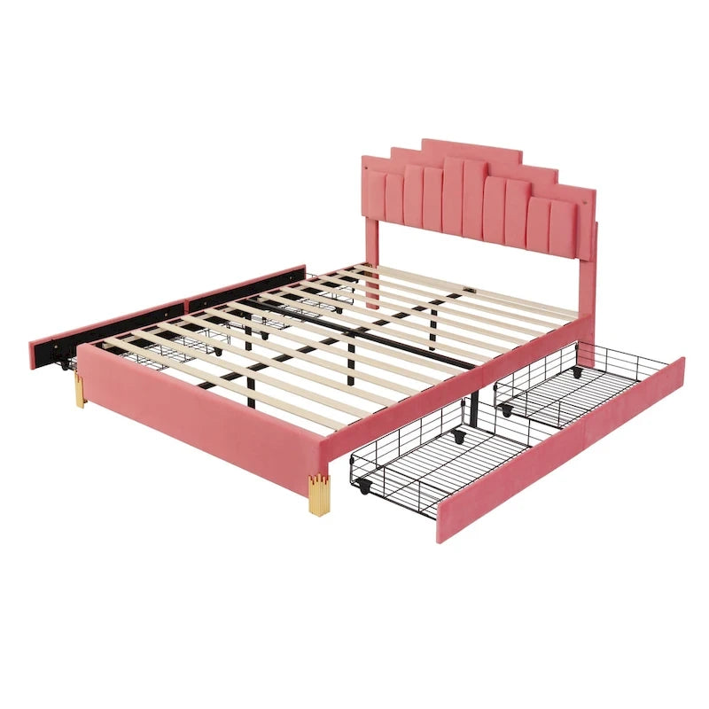 Queen Size Upholstered Platform Bed with LED Lights and 4 Drawers