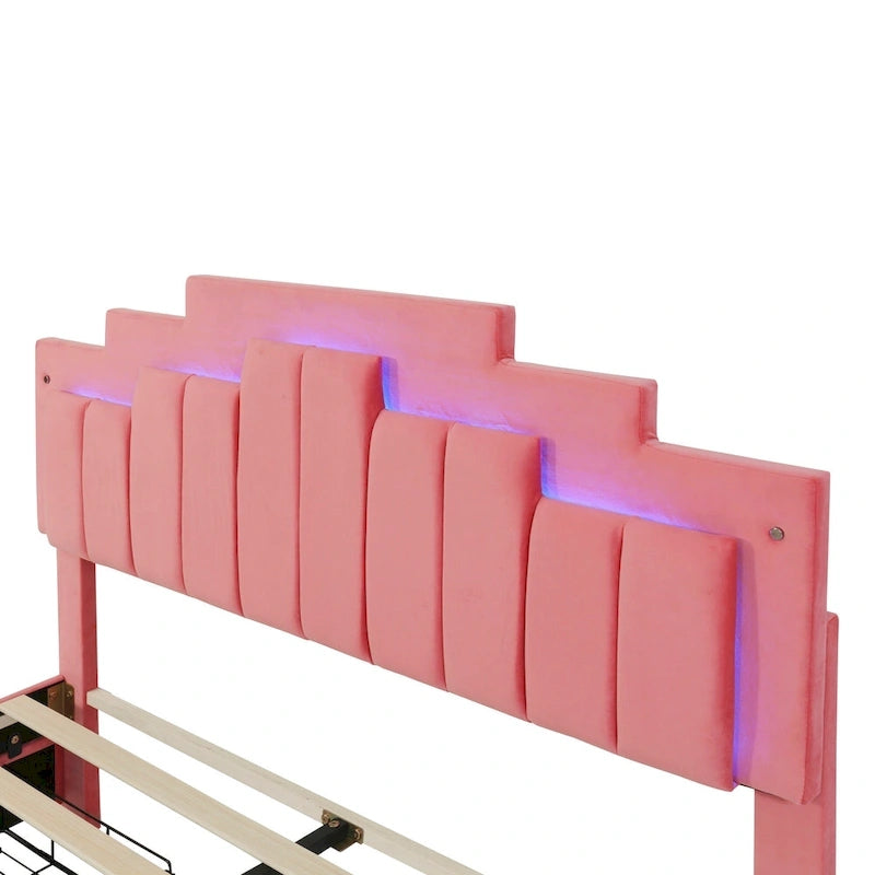 Queen Size Upholstered Platform Bed with LED Lights and 4 Drawers