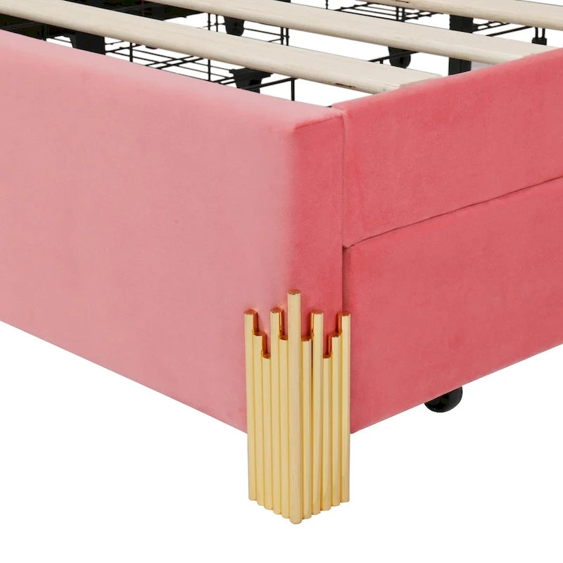 Queen Size Upholstered Platform Bed with LED Lights and 4 Drawers