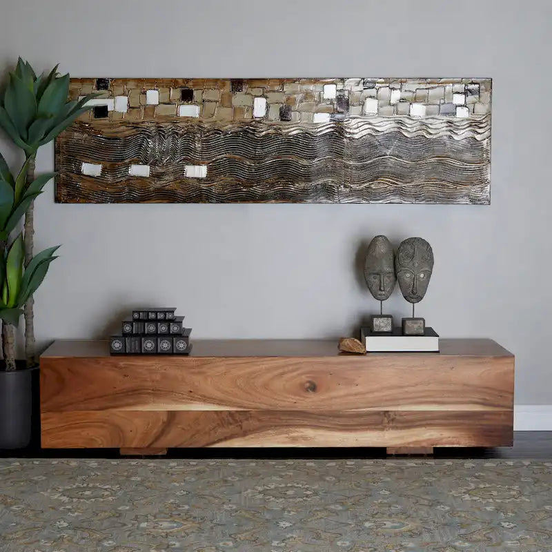 Wood Block Bench with Elevated Base - Brown - Roche River Decor - 16W x 71L x 15H