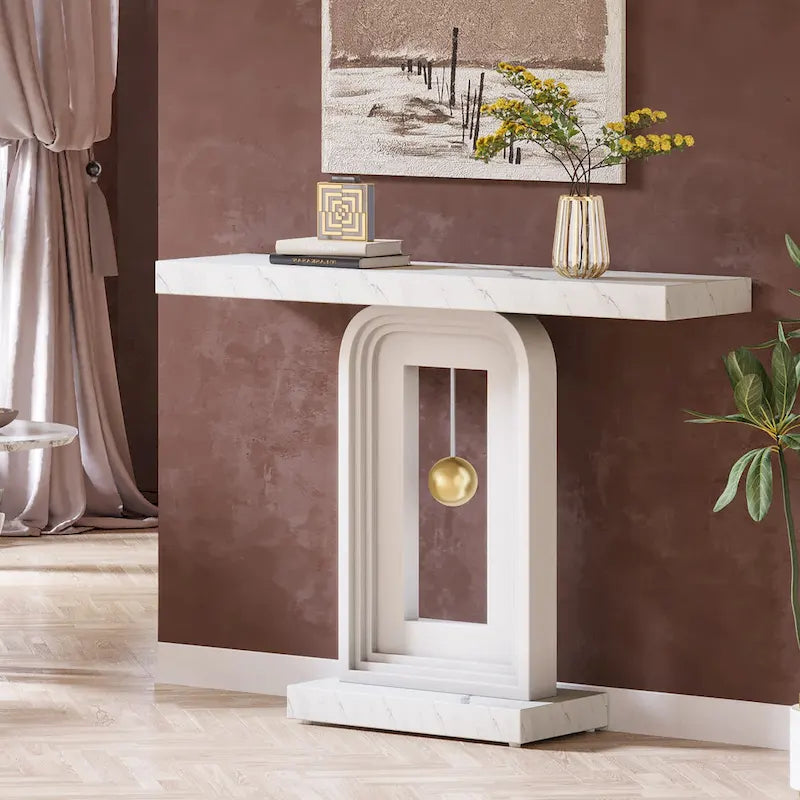 Modern Console Table with Geometric Base, 39.4 inch Narrow Sofa Table with Gold Decor for Living Room Entryway Hallway Entrance