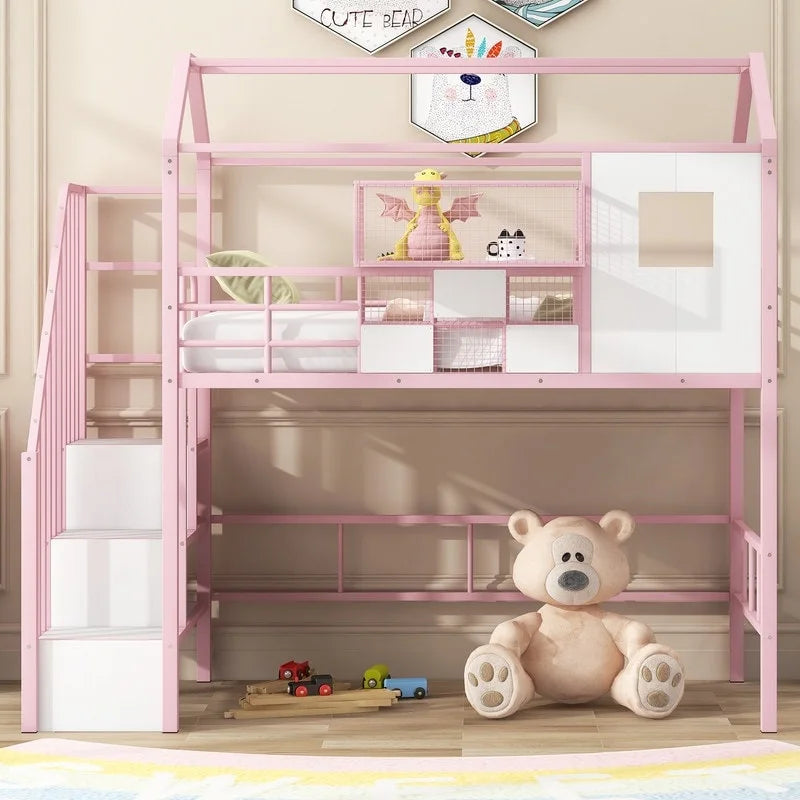Twin Size Metal Loft Bed with roof design and a storage box