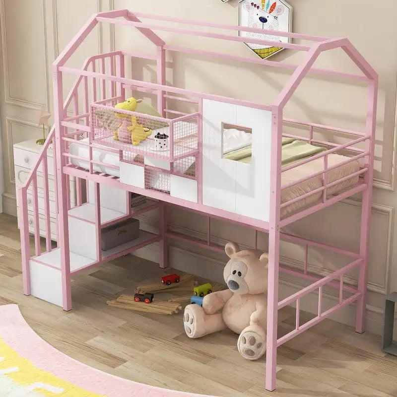Twin Size Metal Loft Bed with roof design and a storage box
