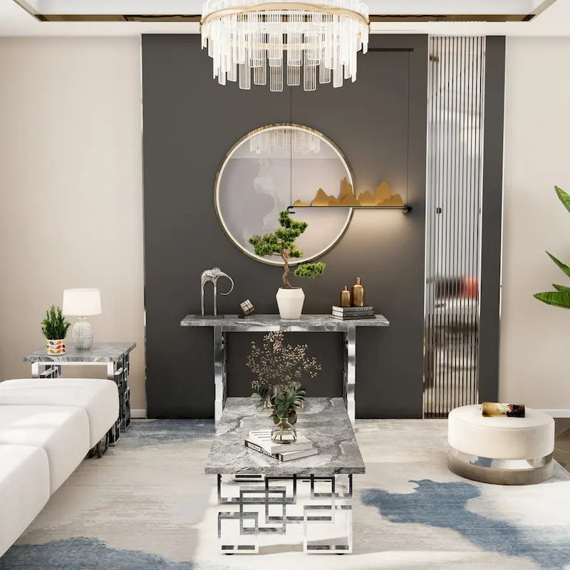 Modern Console Table 55 inch Sofa Table with High Gloss Top and Mirrored Metal Base for Entryway Living Room