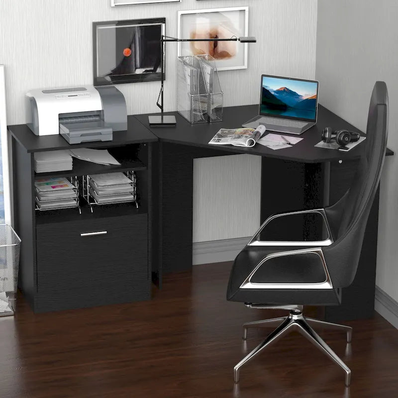HOMCOM Computer Desk with Printer Cabinet, L-Shaped Corner Desk with Storage, Study PC Workstation for Home Office