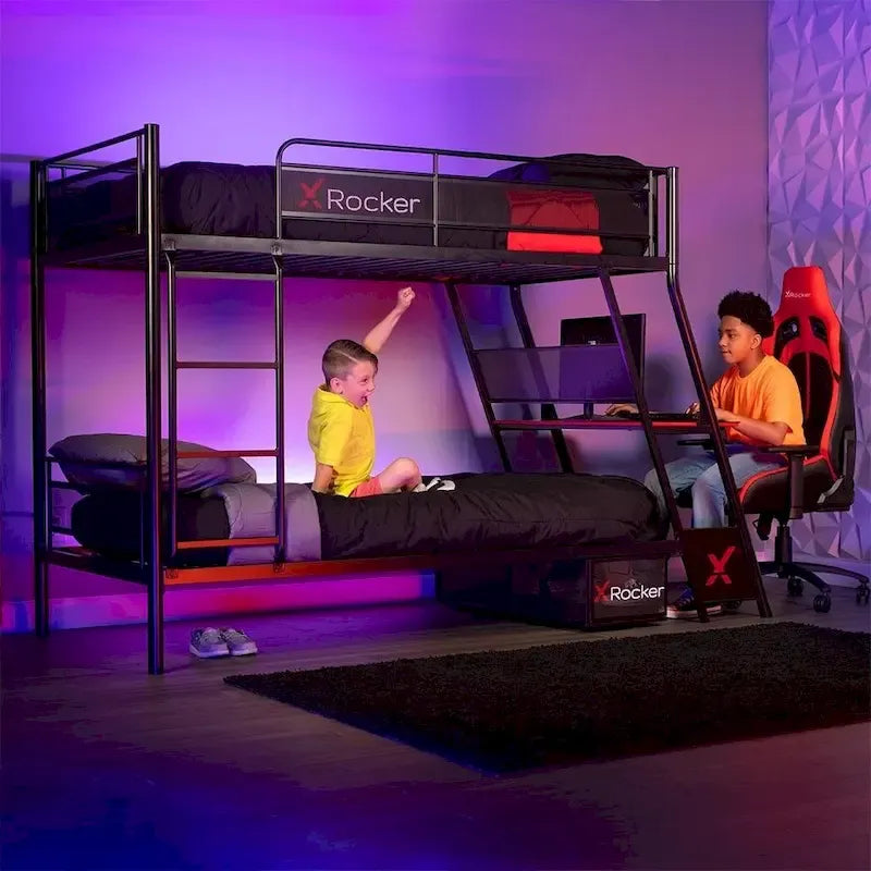 X Rocker Armada Twin Gaming Bunk Bed with Built-In Gaming Desk, Black