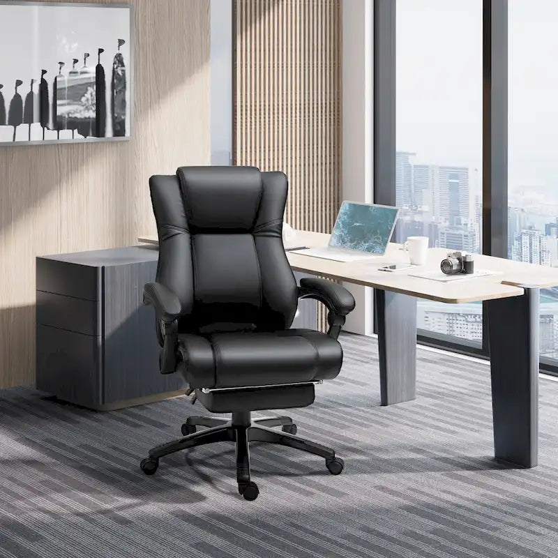 Vinsetto Executive Home Office Chair Padded High Back PU Leather Recliner with Retractable Footrest, Adjustable Height, Black