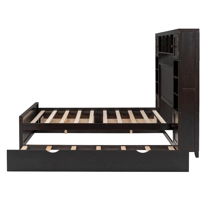 Full Size Wooden Bed With All-in-One Cabinet and Shelf, Espresso