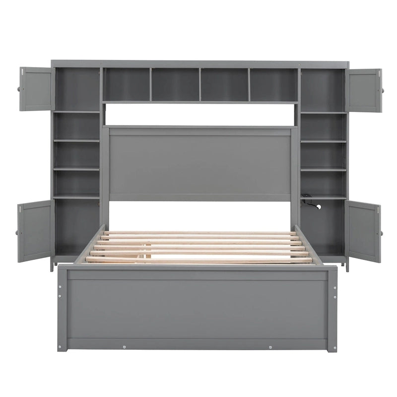 Full Size Wooden Bed With All-in-One Cabinet and Shelf, Espresso