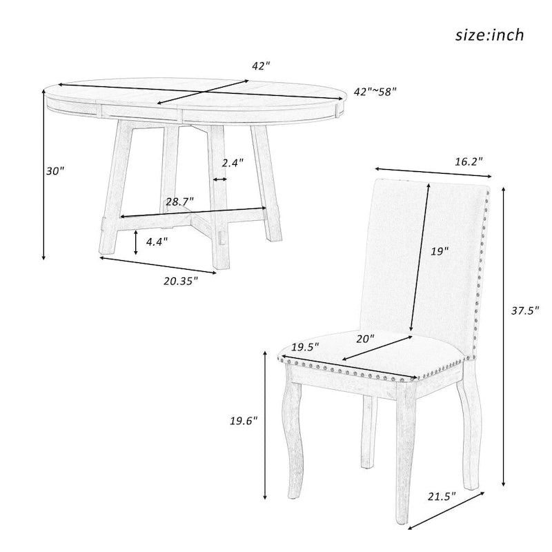5-Piece Farmhouse Dining Table Set Wood Round Extendable Dining Table and 4 Upholstered Dining Chairs