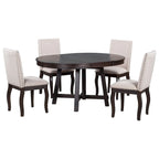 5-Piece Farmhouse Dining Table Set Wood Round Extendable Dining Table and 4 Upholstered Dining Chairs