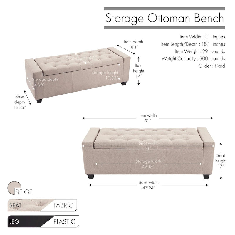 Fabric Flip Top Storage Ottoman Bench