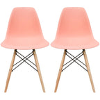 Set of 2 Mid-Century Modern Dining Chairs Armless Plastic Shell Seat with Natural Wooden Eiffel Leg Base, Red