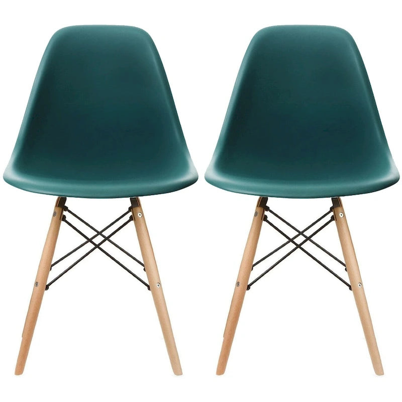 Set of 2 Mid-Century Modern Dining Chairs Armless Plastic Shell Seat with Natural Wooden Eiffel Leg Base, Red