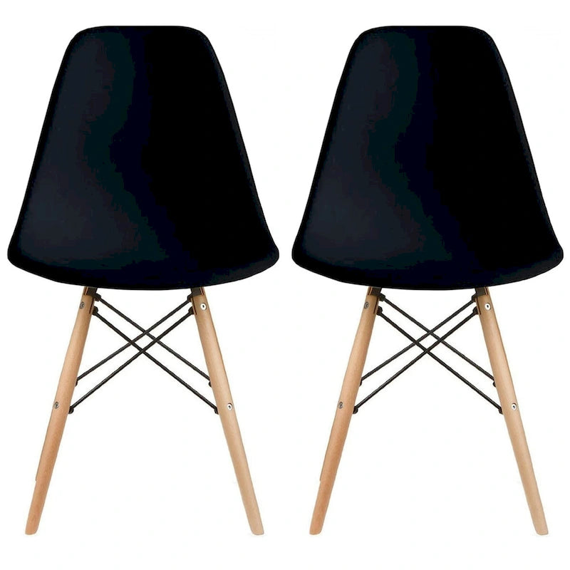 Set of 2 Mid-Century Modern Dining Chairs Armless Plastic Shell Seat with Natural Wooden Eiffel Leg Base, Red