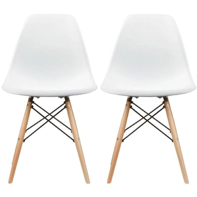 Set of 2 Mid-Century Modern Dining Chairs Armless Plastic Shell Seat with Natural Wooden Eiffel Leg Base, Red