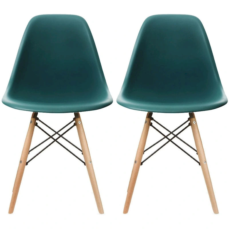 Set of 2 Mid-Century Modern Dining Chairs Armless Plastic Shell Seat with Natural Wooden Eiffel Leg Base, Red